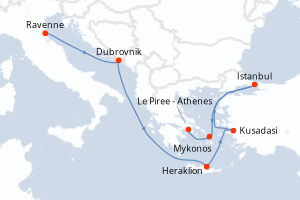Carte de l'itinéraire de croisière Ravenne-Le Piree - Athenes d'une durée de 7 jours