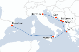 Carte de l'itinéraire de croisière Ravenne-Barcelone d'une durée de 7 jours