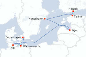 Carte de l'itinéraire de croisière Helsinki-Copenhague d'une durée de 7 jours