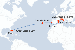 Carte de l'itinéraire de croisière Miami-Civitavecchia - Rome d'une durée de 16 jours