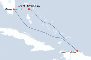 Carte de l'itinéraire de croisière Miami-Miami d'une durée de 5 jours