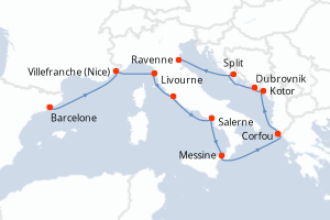 Carte de l'itinéraire de croisière Barcelone-Ravenne d'une durée de 10 jours