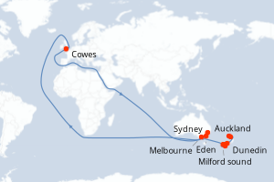 Carte de l'itinéraire de croisière Sydney-Auckland d'une durée de 11 jours