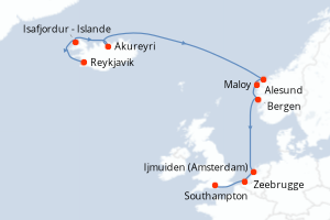Carte de l'itinéraire de croisière Reykjavik-Southampton d'une durée de 11 jours
