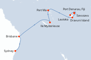 Carte de l'itinéraire de croisière Lautoka-Sydney d'une durée de 11 jours