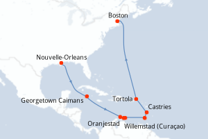 Carte de l'itinéraire de croisière Nouvelle-Orleans-Boston d'une durée de 14 jours