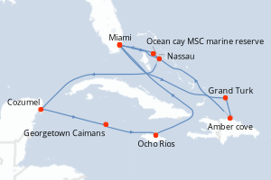 Carte de l'itinéraire de croisière Miami-Miami d'une durée de 13 jours