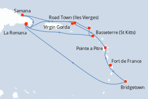 Carte de l'itinéraire de croisière Fort de France-Fort de France d'une durée de 14 jours