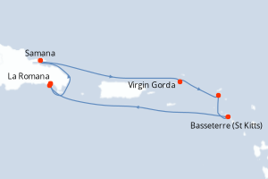 Carte de l'itinéraire de croisière La Romana-La Romana d'une durée de 7 jours