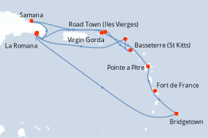 Carte de l'itinéraire de croisière Bridgetown-Bridgetown d'une durée de 14 jours