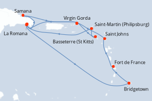 Carte de l'itinéraire de croisière Bridgetown-Bridgetown d'une durée de 14 jours