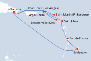 Carte de l'itinéraire de croisière Fort de France-Fort de France d'une durée de 14 jours