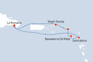 Carte de l'itinéraire de croisière La Romana-La Romana d'une durée de 7 jours