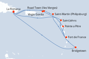 Carte de l'itinéraire de croisière Bridgetown-Bridgetown d'une durée de 14 jours