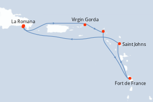 Carte de l'itinéraire de croisière La Romana-La Romana d'une durée de 7 jours