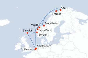 Carte de l'itinéraire de croisière Rotterdam-Amsterdam d'une durée de 14 jours