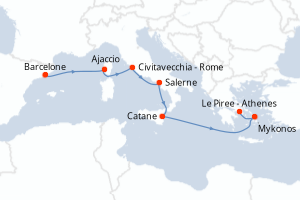 Carte de l'itinéraire de croisière Barcelone-Le Piree - Athenes d'une durée de 8 jours