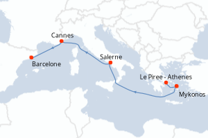 Carte de l'itinéraire de croisière Le Piree - Athenes-Barcelone d'une durée de 7 jours