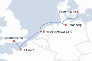 Carte de l'itinéraire de croisière Southampton-Copenhague d'une durée de 7 jours