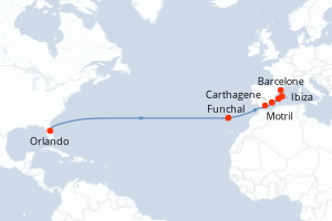 Carte de l'itinéraire de croisière Orlando-Barcelone d'une durée de 14 jours