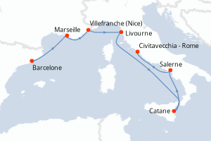 Carte de l'itinéraire de croisière Barcelone-Civitavecchia - Rome d'une durée de 7 jours