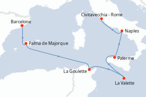 Carte de l'itinéraire de croisière Barcelone-Civitavecchia - Rome d'une durée de 7 jours