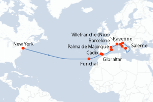 Carte de l'itinéraire de croisière New York-Ravenne d'une durée de 19 jours