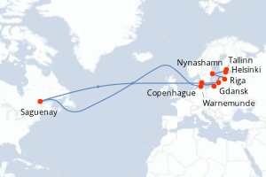 Carte de l'itinéraire de croisière Copenhague-Helsinki d'une durée de 9 jours