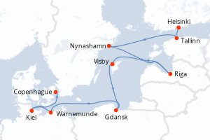 Carte de l'itinéraire de croisière Helsinki-Copenhague d'une durée de 9 jours