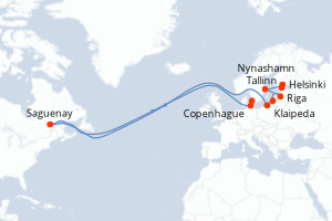 Carte de l'itinéraire de croisière Helsinki-Copenhague d'une durée de 9 jours