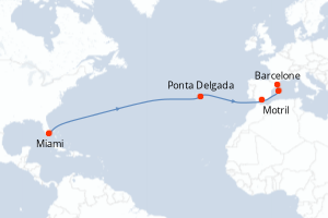 Carte de l'itinéraire de croisière Miami-Barcelone d'une durée de 12 jours