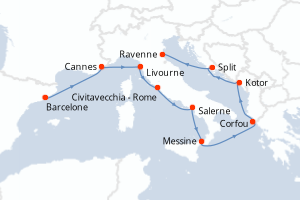 Carte de l'itinéraire de croisière Barcelone-Ravenne d'une durée de 9 jours