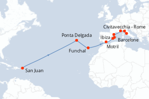 Carte de l'itinéraire de croisière San Juan-Civitavecchia - Rome d'une durée de 17 jours