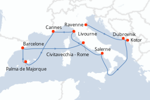 Carte de l'itinéraire de croisière Ravenne-Civitavecchia - Rome d'une durée de 10 jours