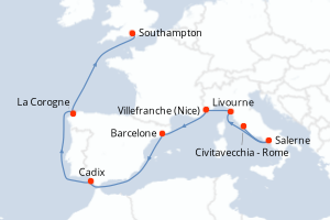Carte de l'itinéraire de croisière Civitavecchia - Rome-Southampton d'une durée de 10 jours