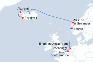 Carte itinéraire croisière Royaume-Uni, Belgique, Pays-Bas, Norvège, Islande - 11 jours au départ de Southampton - Europe du Nord