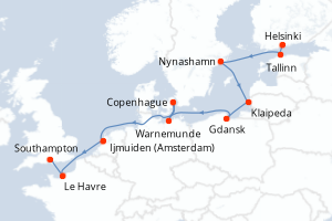 Carte de l'itinéraire de croisière Helsinki-Southampton d'une durée de 11 jours