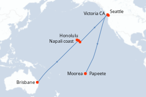 Carte de l'itinéraire de croisière Brisbane-Moorea d'une durée de 24 jours