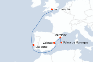 Carte de l'itinéraire de croisière Palma de Majorque-Southampton d'une durée de 7 jours