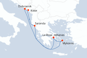 Carte de l'itinéraire de croisière Le Piree - Athenes-Le Piree - Athenes d'une durée de 7 jours