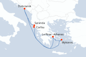 Carte de l'itinéraire de croisière Le Piree - Athenes-Le Piree - Athenes d'une durée de 7 jours