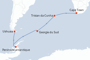 Carte de l'itinéraire de croisière Ushuaia-Cape Town d'une durée de 19 jours
