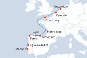 Carte de l'itinéraire de croisière Lisbonne-Amsterdam d'une durée de 10 jours