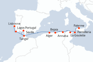 Carte de l'itinéraire de croisière Lisbonne-Palerme d'une durée de 11 jours