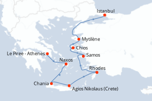Carte de l'itinéraire de croisière Le Piree - Athenes-Istanbul d'une durée de 8 jours