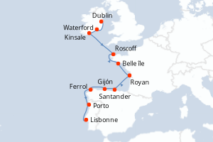 Carte de l'itinéraire de croisière Dublin-Lisbonne d'une durée de 10 jours