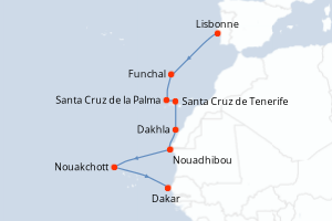 Carte de l'itinéraire de croisière Lisbonne-Dakar d'une durée de 9 jours