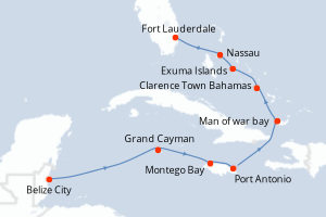 Carte de l'itinéraire de croisière Belize City-Fort Lauderdale d'une durée de 9 jours