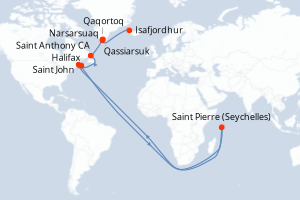Carte de l'itinéraire de croisière Halifax-Isafjordhur d'une durée de 11 jours