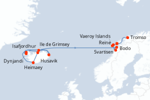 Carte de l'itinéraire de croisière Isafjordhur-Tromso d'une durée de 12 jours